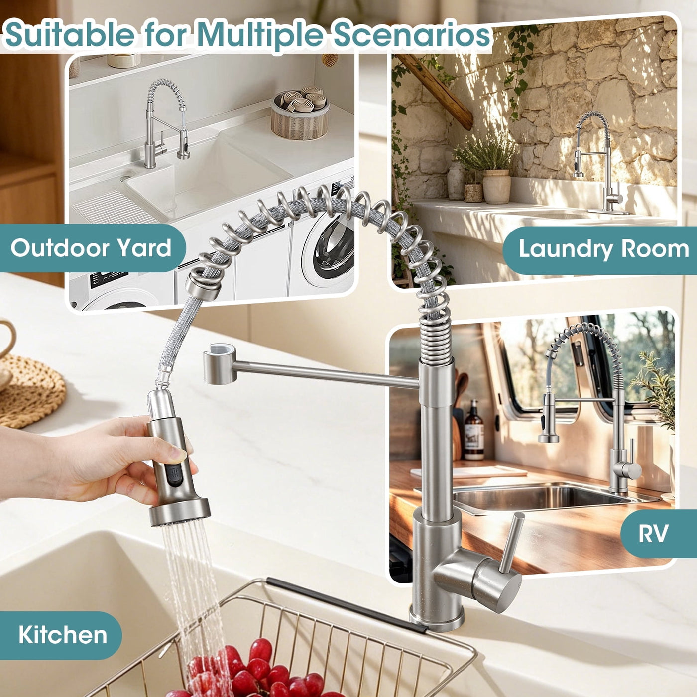 Sanitary Ware 304 Stainless Steel Kitchen Faucet with Pull Out Sprayer, 2 Water Modes Single Handle Kitchen Sink Faucets with Deck Plate for Laundry