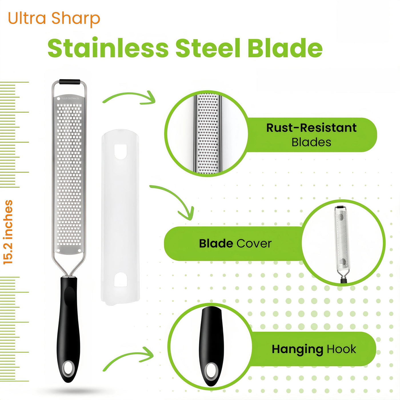 Stainless Steel Lemon Zester Grater with Handle, Garlic, Cheese, Parmesan, Nutmeg, Lime, Ginger Grater, Heavy Duty Kitchen Tool