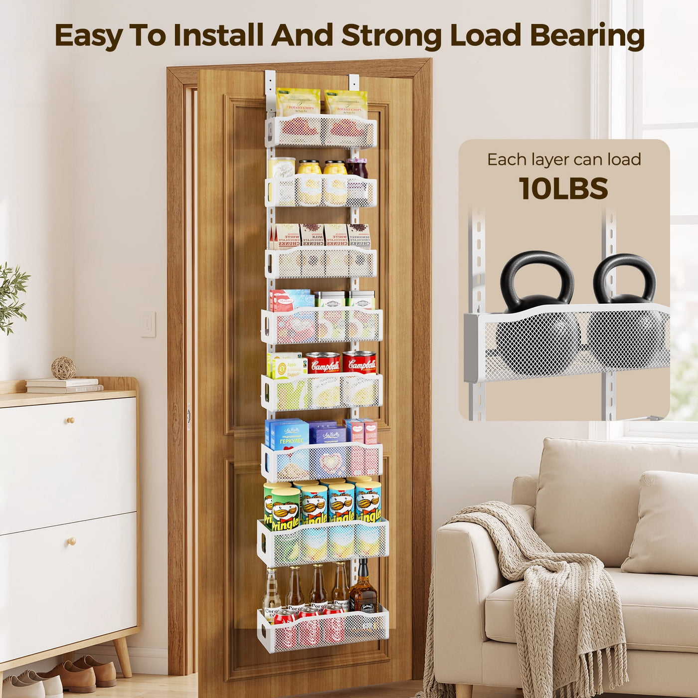 8-Tier Over The Door Pantry Organizer, Delamu Heavy-duty Metal with 8 Baskets, Hanging Storage and Organization for Kitchen, Spice Rack 12in Width