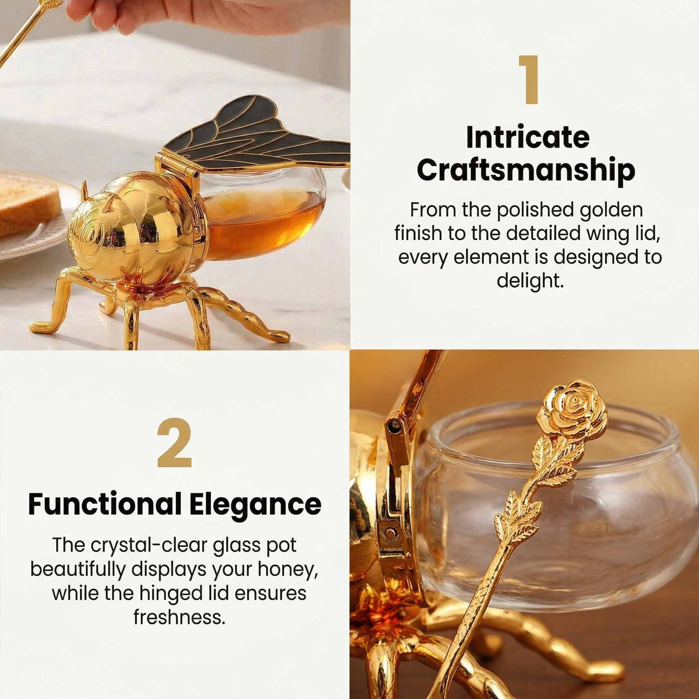 Glass Honey Jar with Plastic Bee Dispenser, Gold Lid and Spoon for Tabletop, for Cooking, Mixing, Serving and Nonstick Cookware