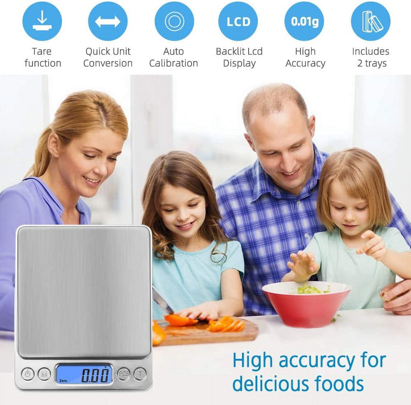 Digital Food Scale, 3000g/0.1g Digital Scale, Gram Scale with 2 Trays for Cooking and Baking, Coffee Scale with Back-lit LCD Display 6 Units, Auto Off