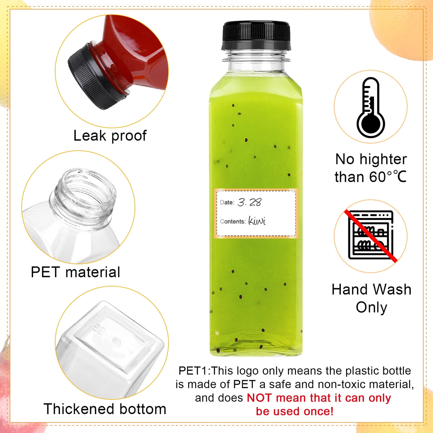 7-Piece 12 Oz Empty Plastic Juice Bottles with Lids, Reusable Drink Containers with Brush and Labels