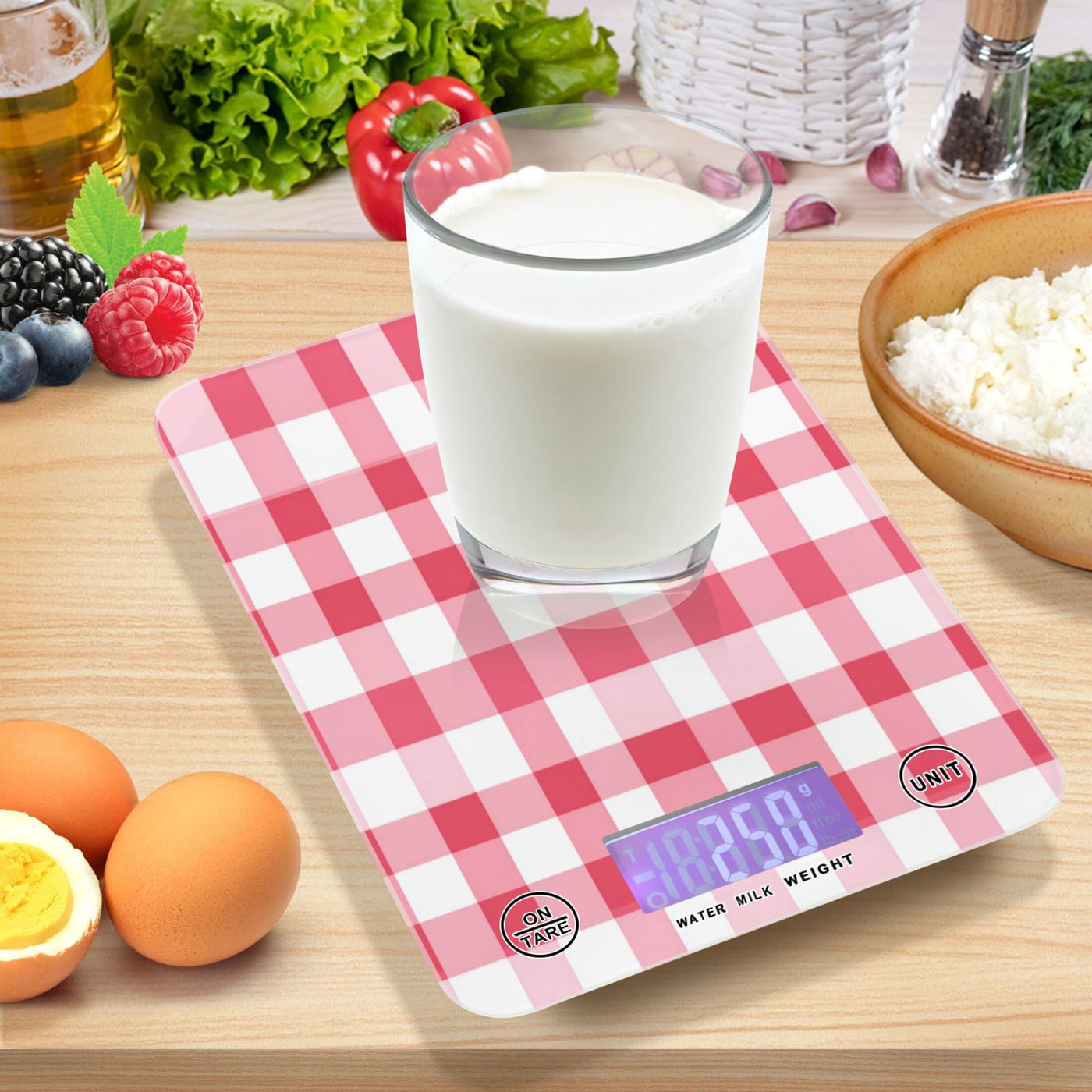 High Precision Digital Kitchen Scale Tempered Glass Food Scale Multifunction Scale Small Kitchen Appliances Pink Checkered Pattern