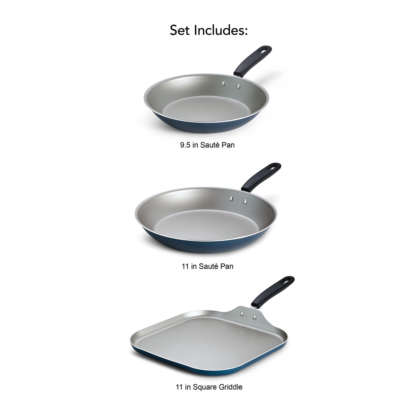 Primaware 3-Piece Nonstick Sauté Pan and Griddle Set, 9.5” and 11” Sauté Pans, and 11” Griddle Blue, for Everyday Home Kitchen Cooking