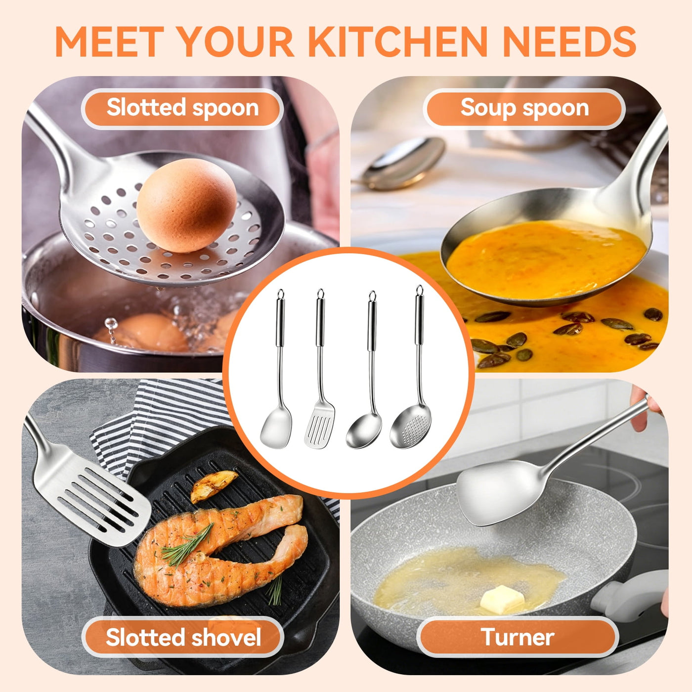 Cooking Utensils Sets, 4-Piece Stainless Steel Kitchen Utensils Kitchen Gadgets Tools Set Include Wok Ladle, Slotted Spoon