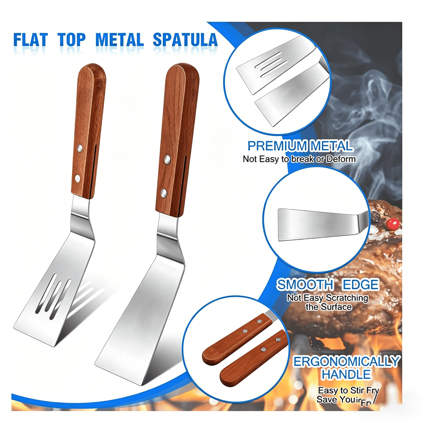 Metal Spatula Set, Stainless Steel Griddle Spatulas with Wooden Handle, Slotted and Solid Turner for Cooking, Baking, Bbq, Grilling