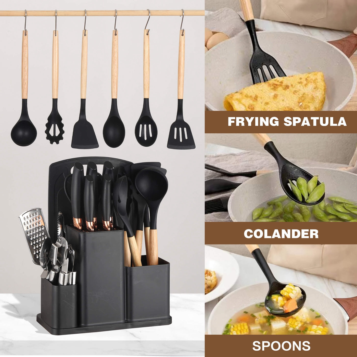 20-Piece Silicone Stainless Steel Cooking Utensils Set -multifunctional Kitchen Utensil Set, Black, for Cooking, Mixing, Serving and Nonstick Cookware