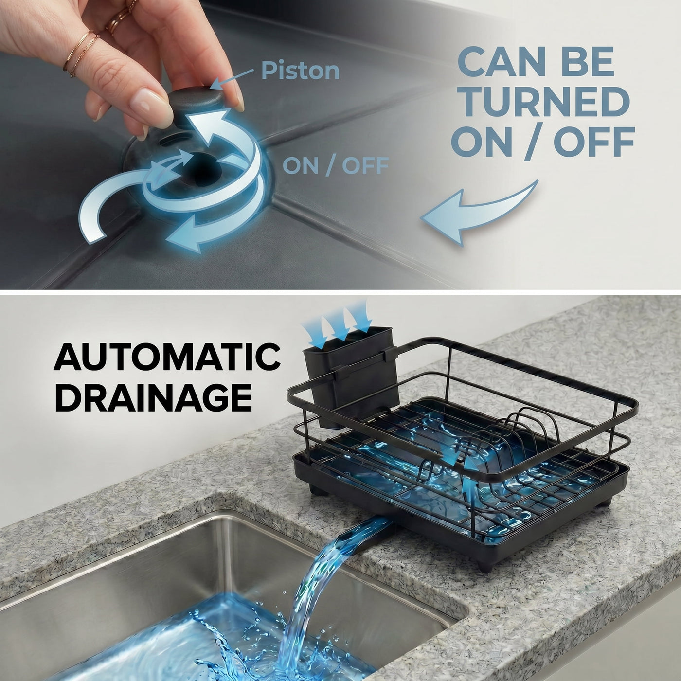 Metal Dish Drying Rack for Kitchen Counter (15.6" × 12") — Black Coated Steel with Removable Utensil Holder and Swivel Drainboard