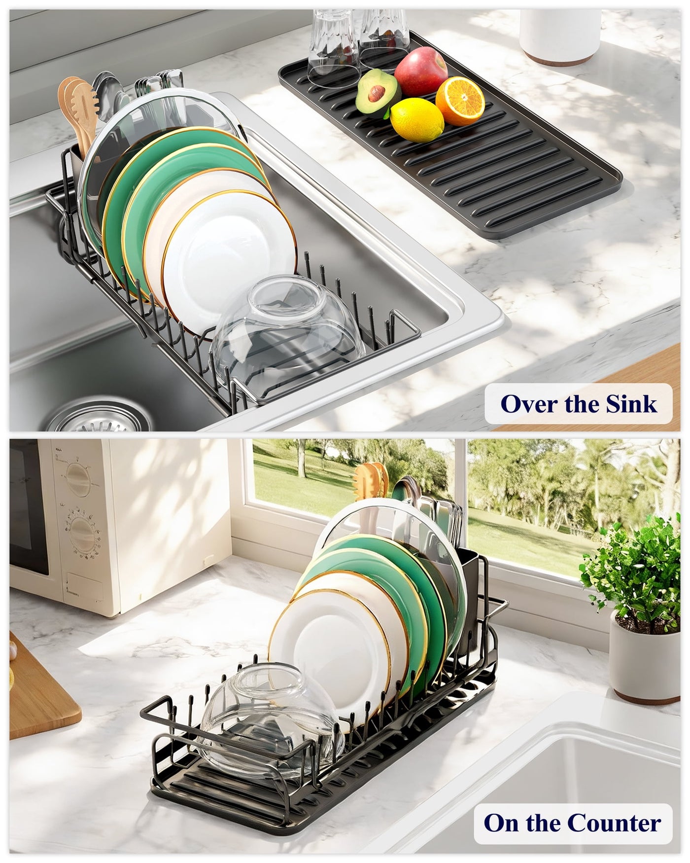 Dish Drying Rack with Drying Tray, Over Sink Dish Rack for Kitchen Counter, Removable Utensils Holder, Fits 14"-20.9" Sink, Black