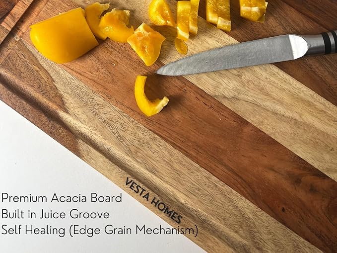 Vesta Homes Wooden Edge Grain Cutting Board/Chopping, Serving Board/Block for Vegetables, Fruits, Cheese and Charcuterie | Natural Acacia Wood | 15 *