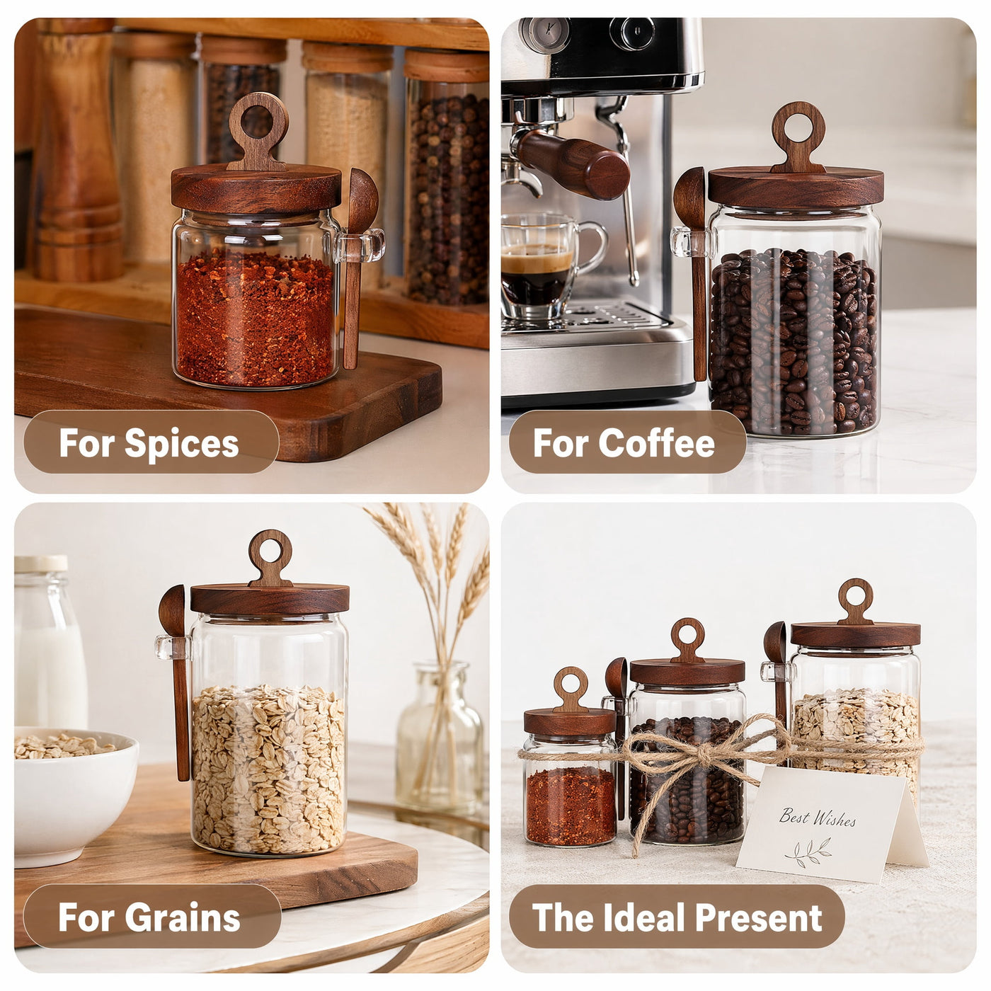 3-Pack Glass Coffee Storage Jars with Pull Ring Wooden Lids and Attached Spoons, Airtight Clear Glass Canisters with Wood Scoop Holder for Coffee