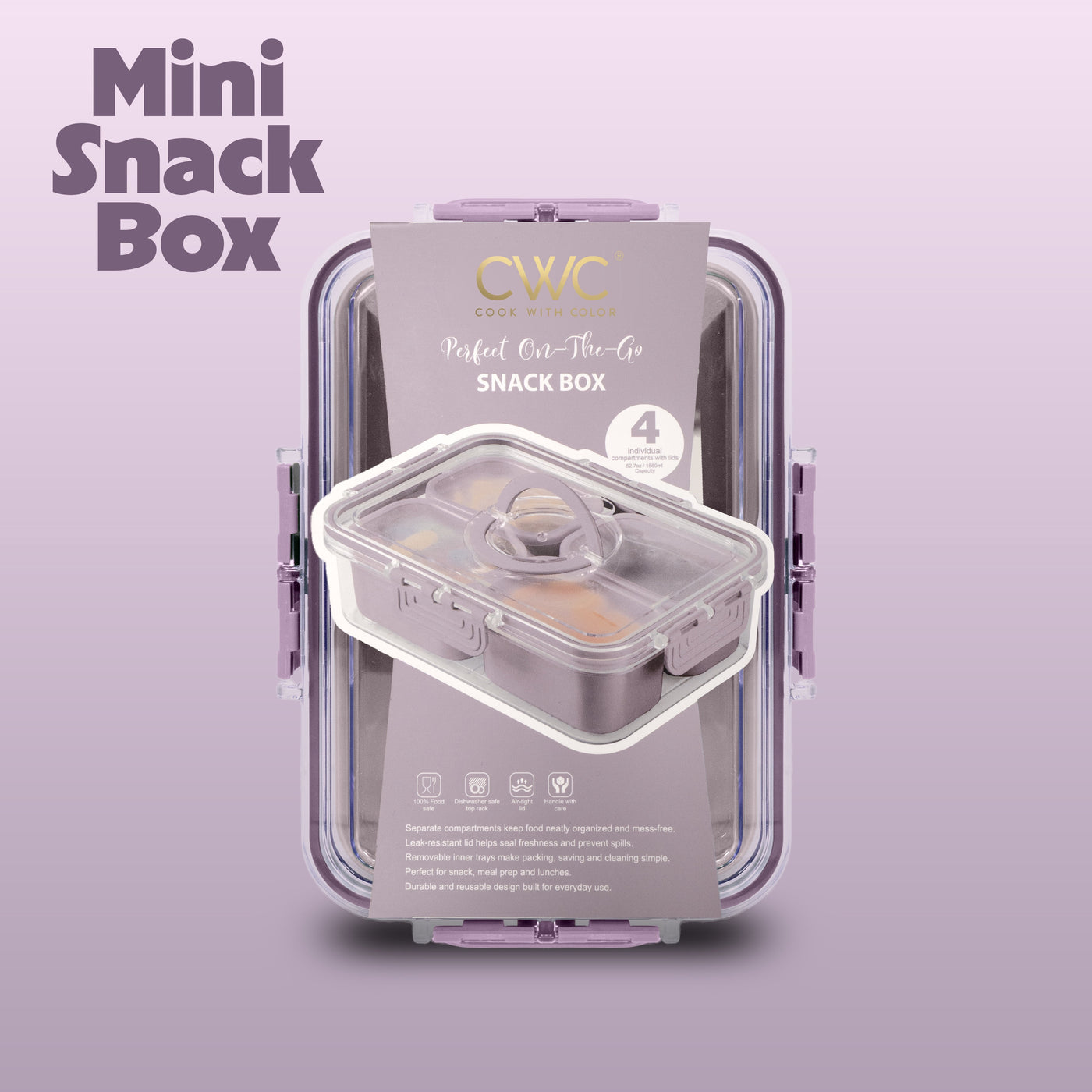 (2-pack) Cook with Color Purple Portable 4-Compartment Snack Food Storage Container, Portable and Dishwasher Safe with Ice Packs