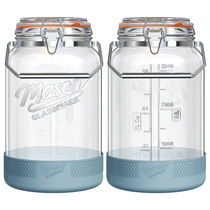 2 Packs 1 Gallon Glass Jar with Airtight Lids, Wide Mouth Mason Jars with Clip Top Lids and Stainless Steel Handle and Silicone Base