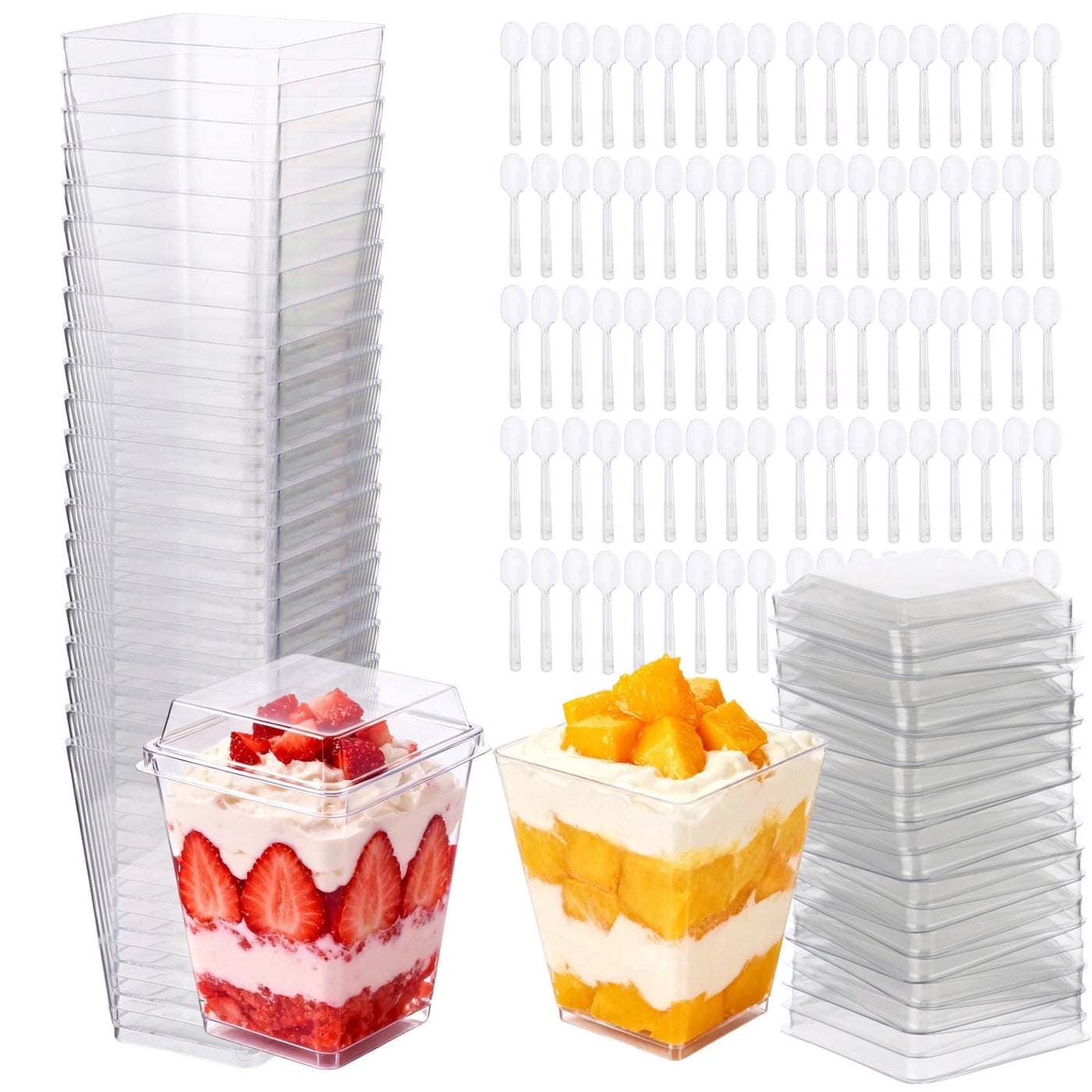 100-Piece Plastic Dessert Cups, 5 Oz Clear Square Parfait Cups with Lids and Spoons, Stylish Appetizer, Mini Food Containers for Yogurt, Pudding