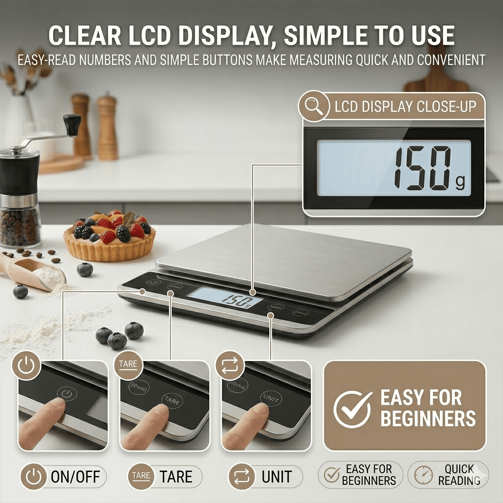 Digital Food Scale, 5kg/11lb Kitchen Scale for Grams and Ounces, 1g/0.05oz Accuracy, Stainless Steel Food Weight Scale with Tare Function, LCD Display
