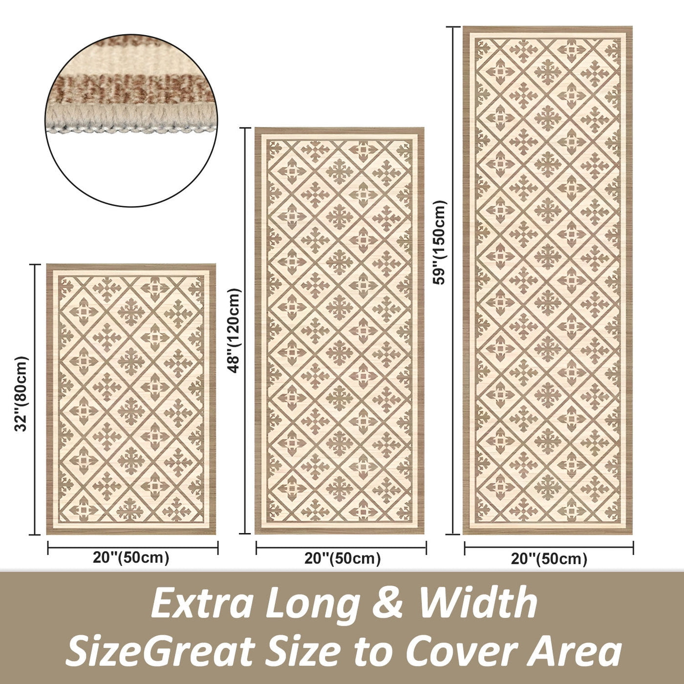 Kitchen Rug Sets, 3-Piece Kitchen Rug with Non-slip Baking for Kitchen Floor Comfort Standing, Rugs Mat with 20"x32"+20"x47"+20"x59"