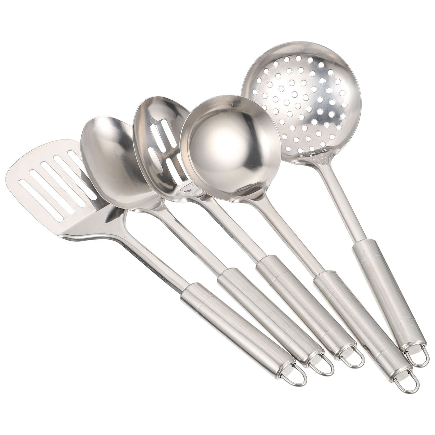 304 Stainless Steel Kitchen Utensil Set, 5-Piece, Ergonomic Stay-cool Hollow Handles, Dishwasher Safe, Silver