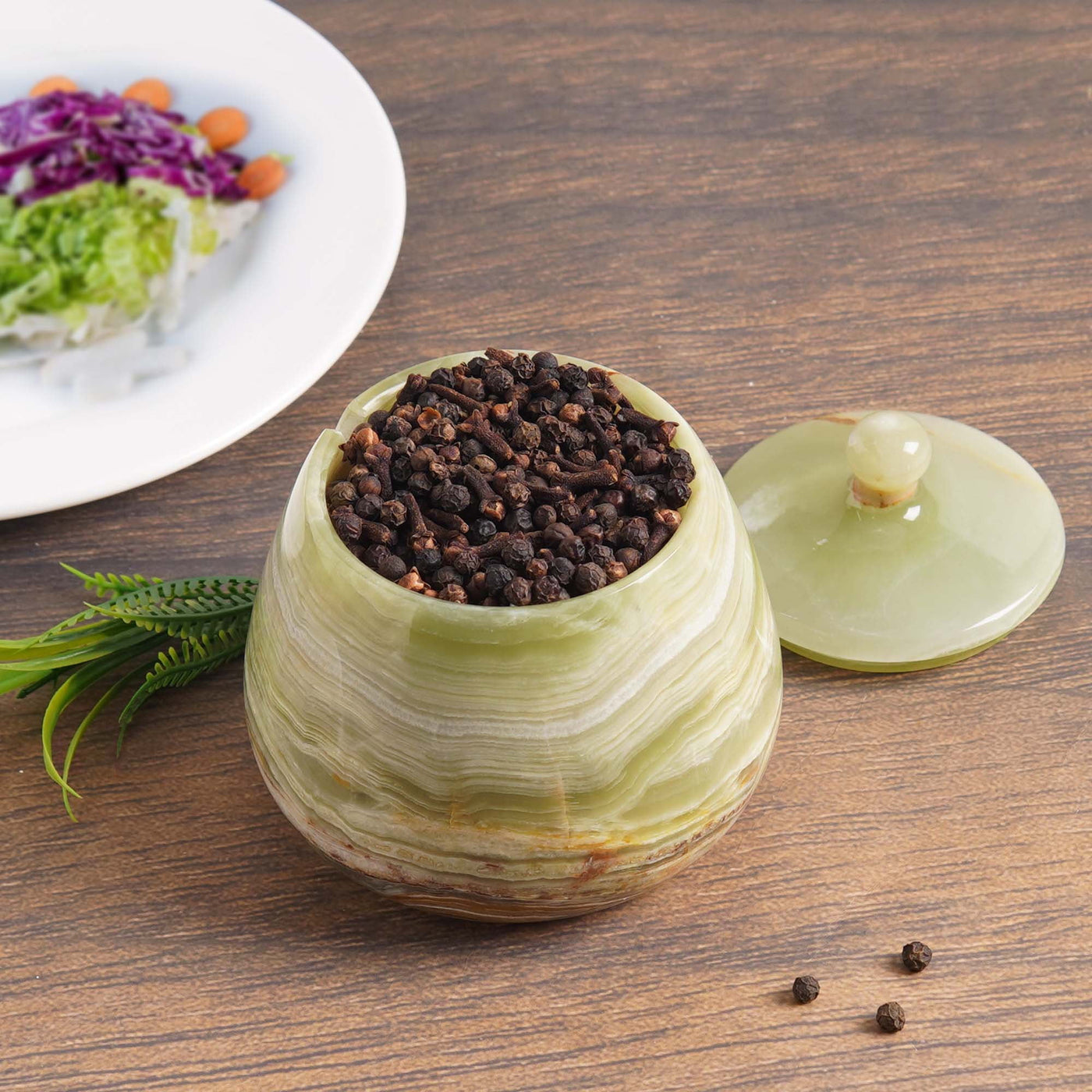 Marble Salt Cellar with Lid 4.5 Inch Green Onyx Salt Jar and Table Salt Storage for Kitchen Countertop, Ideal Salt Container