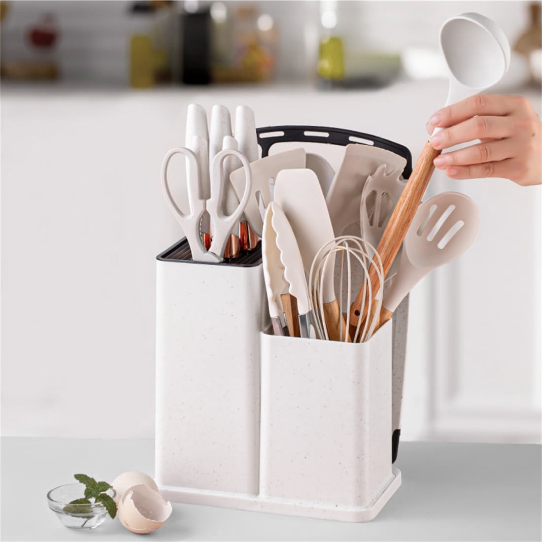 19-Piece Kitchen Utensils Set for Cooking, 11 Cooking Utensils, 6 Knife Set Beige, 3 Utensil Sets, Kitchen Utensils