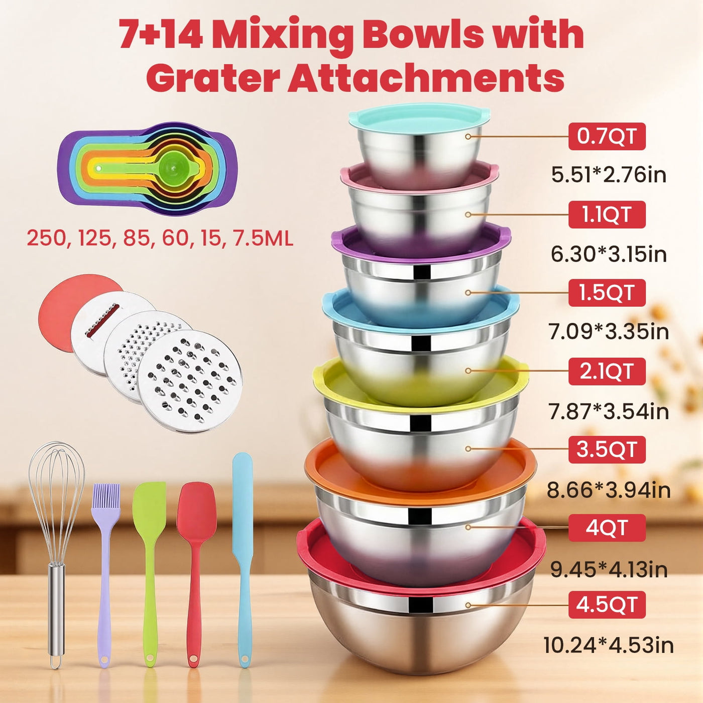 29-Piece Stainless Steel Mixing Bowls with Lids Set, with 3 Grater Attachments Size 4.5, 4, 3.5, 2.1, 1.5, 1.1, 0.7QT