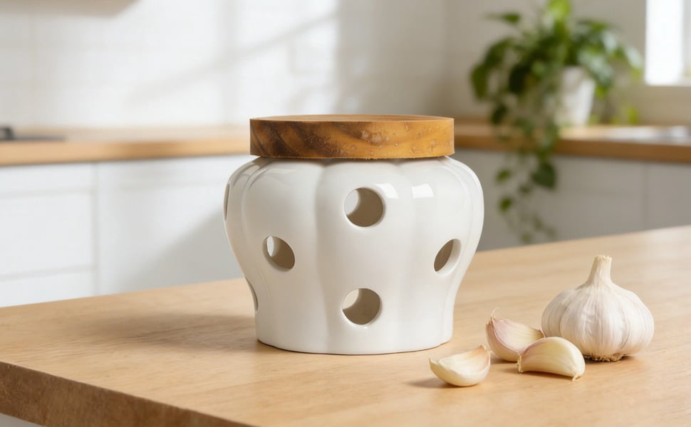 White Ceramic Garlic Keeper Jar Container, 4.4 X 3.7 in / 11.2 X 9.5 Cm Food Storage with 12 Vents and Wood Lid