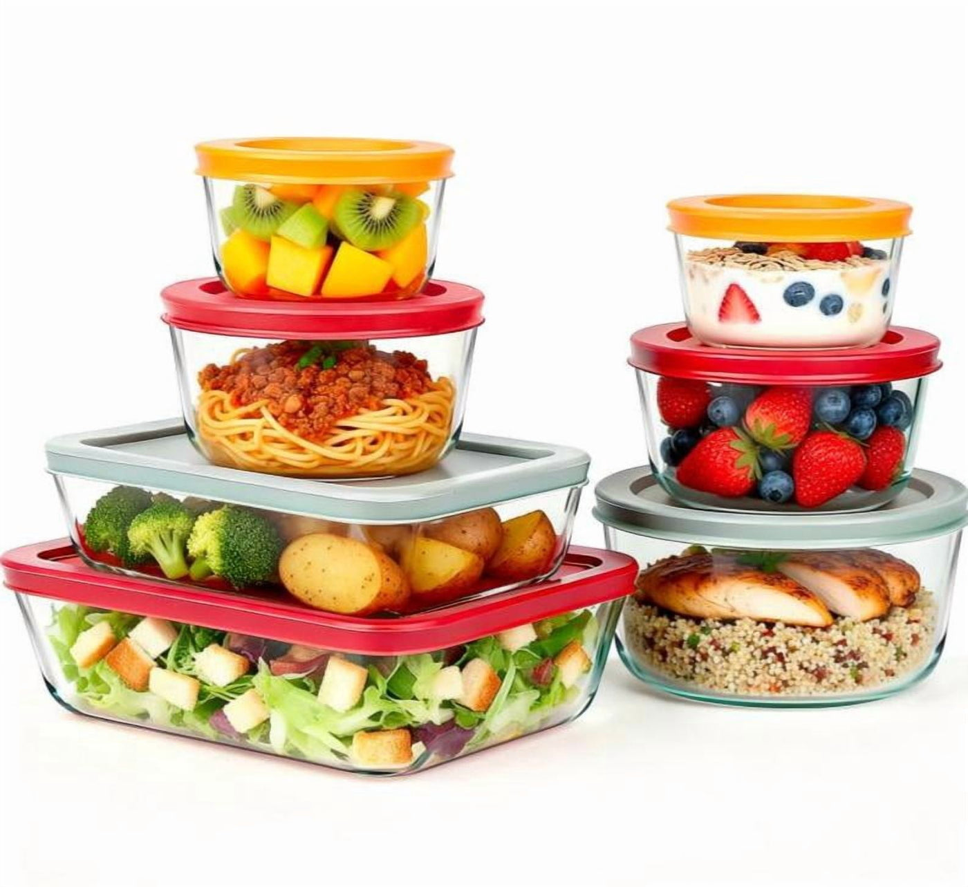 14-Piece Glass Food Storage Containers with Lids (7 Containers and 7 Lids), Stackable Meal Prep Lunch Boxes and Bowls, BPA-FREE Lids