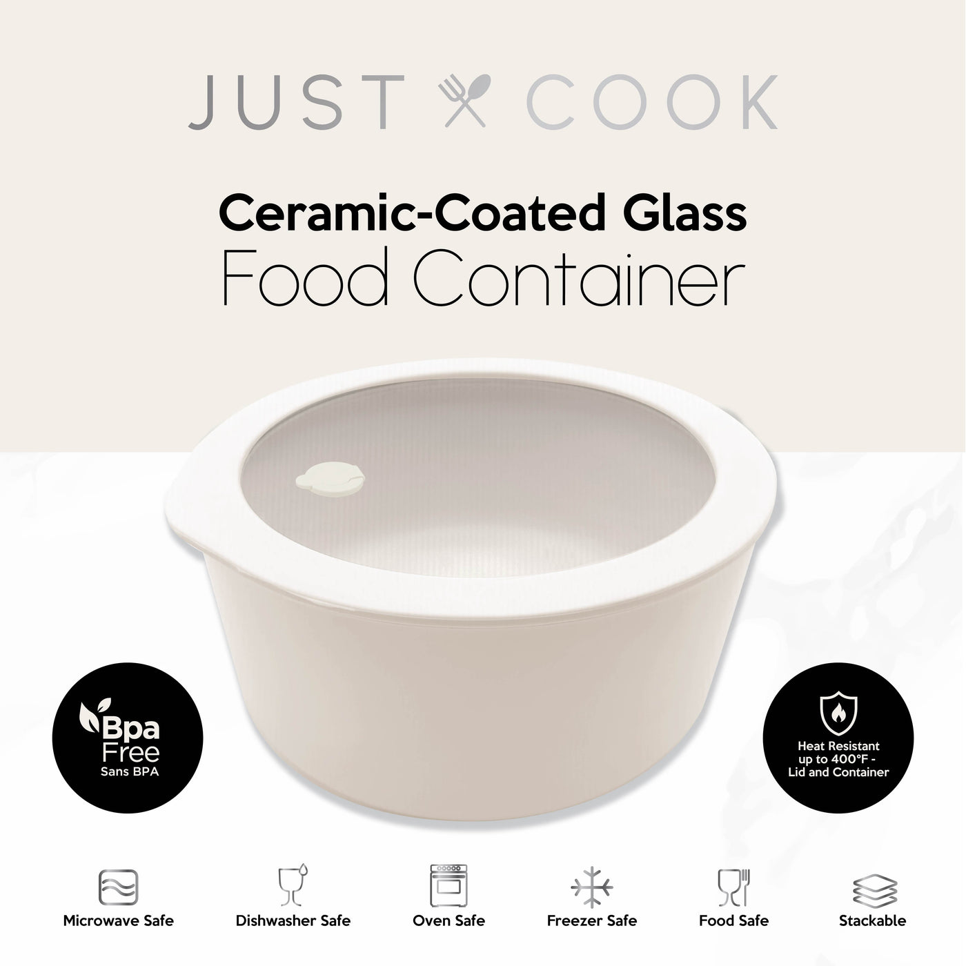 Just Cook Ceramic Glass 32.1 Oz or 4 Cups, Round Food Storage Container for Meal Prep and Lunches, Small