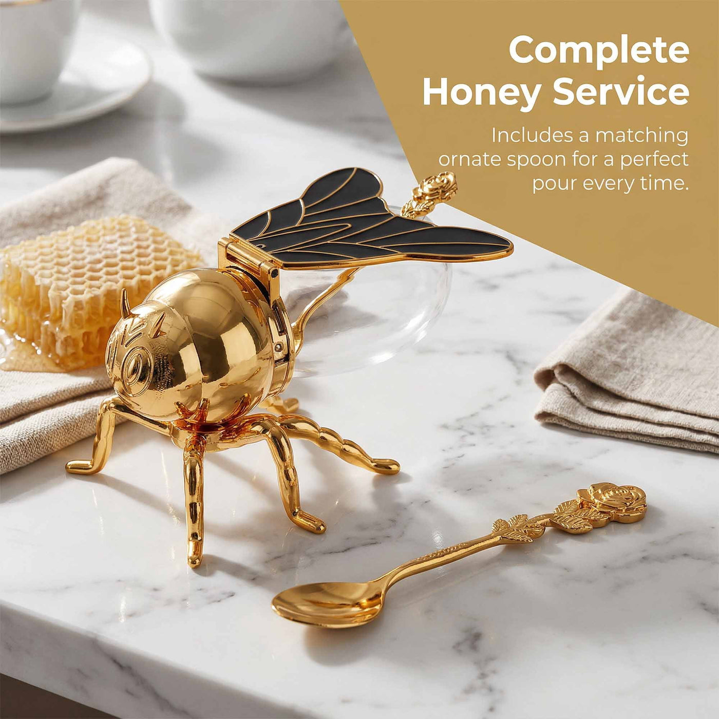 Glass Honey Jar with Plastic Bee Dispenser, Gold Lid and Spoon for Tabletop, for Cooking, Mixing, Serving and Nonstick Cookware