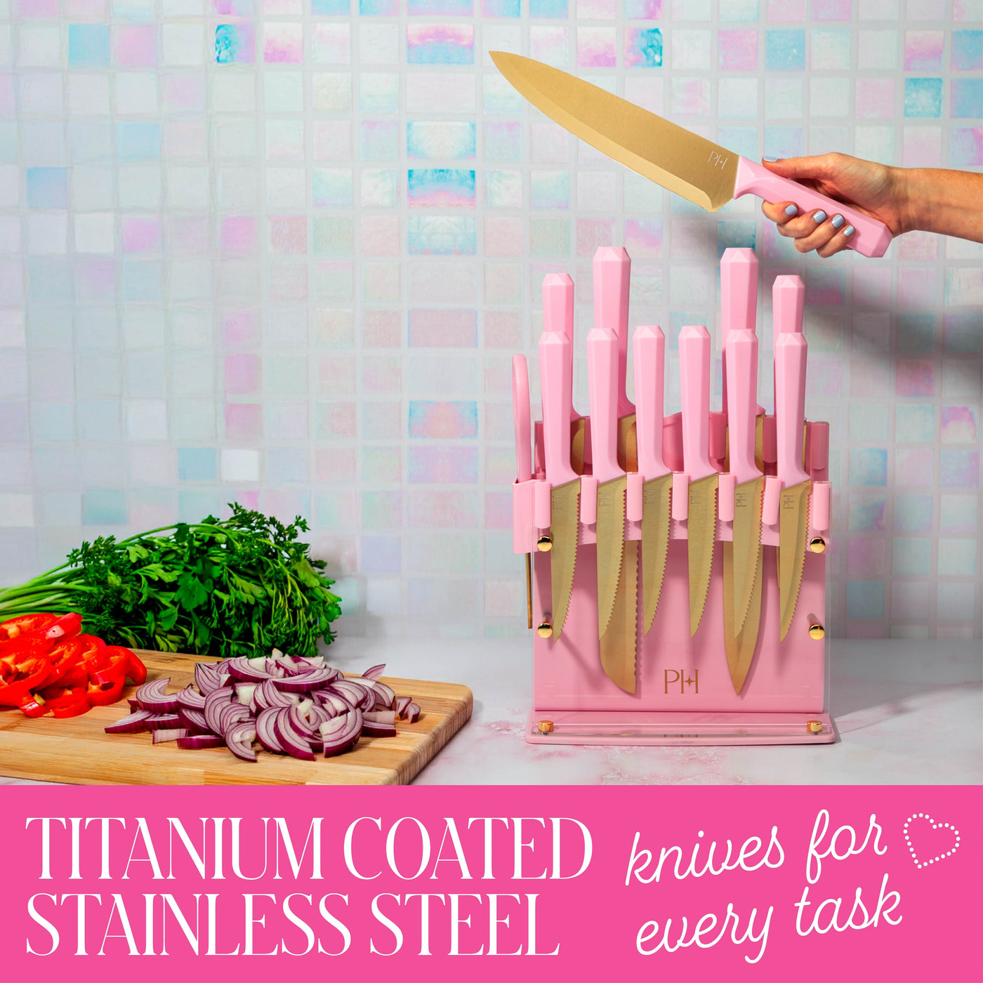 13-Piece Knife Block Set with Acrylic Shield, Gold Titanium-coated Stainless Steel Blades, Pink Faceted Handles