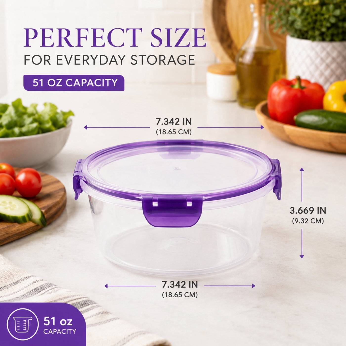 (2) Round Food Storage Container with Purple Locking Lid, 51 Oz Capacity BPA-FREE Reusable Meal Prep Bowl