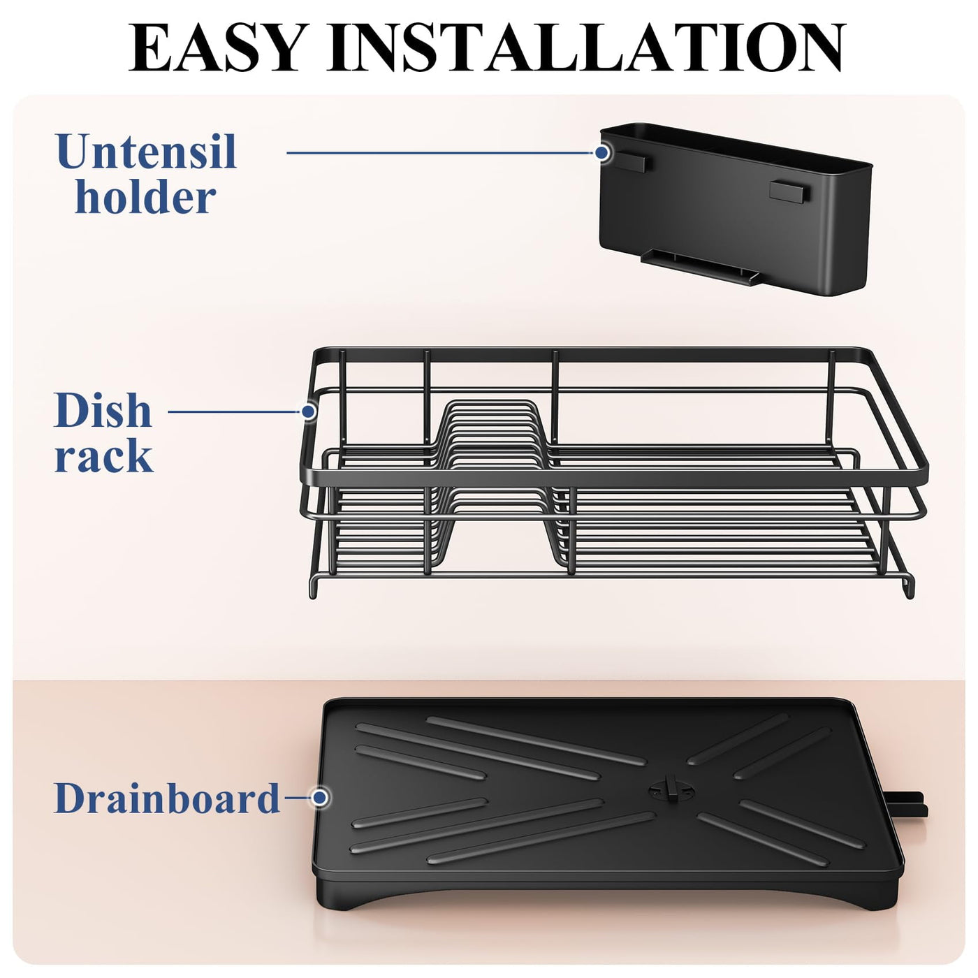 Metal Dish Rack with Utensil Holder and Drainboard, Anti-rust Kitchen Organizer, Black, for Cooking, Mixing, Serving and Nonstick Cookware