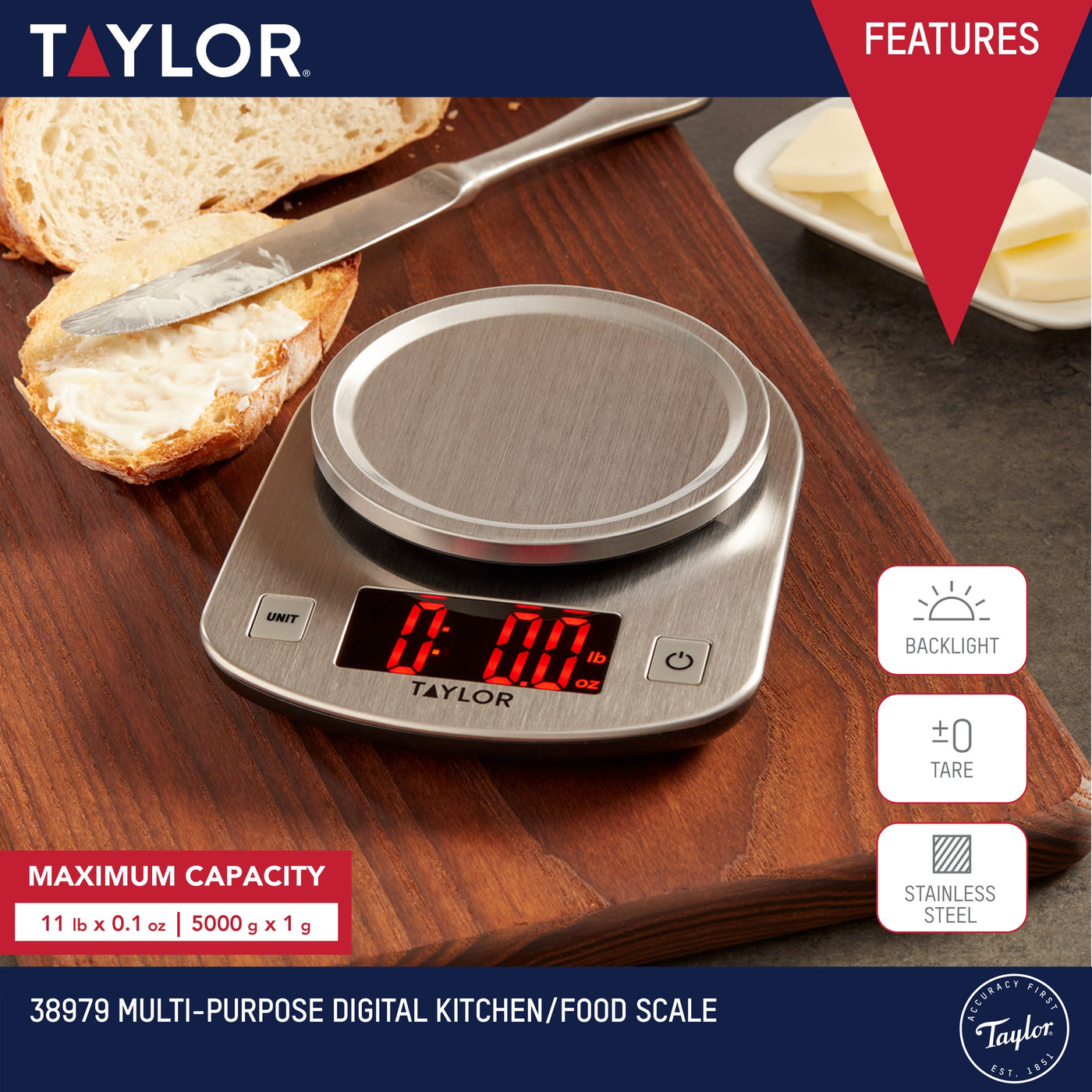 Digital Stainless Steel LED 11 Lb. Kitchen Scale and Food Scale, for Accurate Kitchen, Food and Portion Weighing