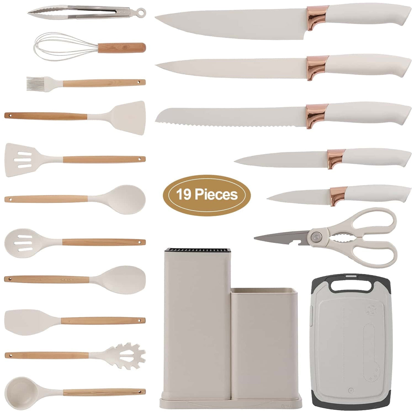 19-Piece Kitchen Utensils Set for Cooking, 11 Cooking Utensils, 6 Knife Set Beige, 3 Utensil Sets, Kitchen Utensils