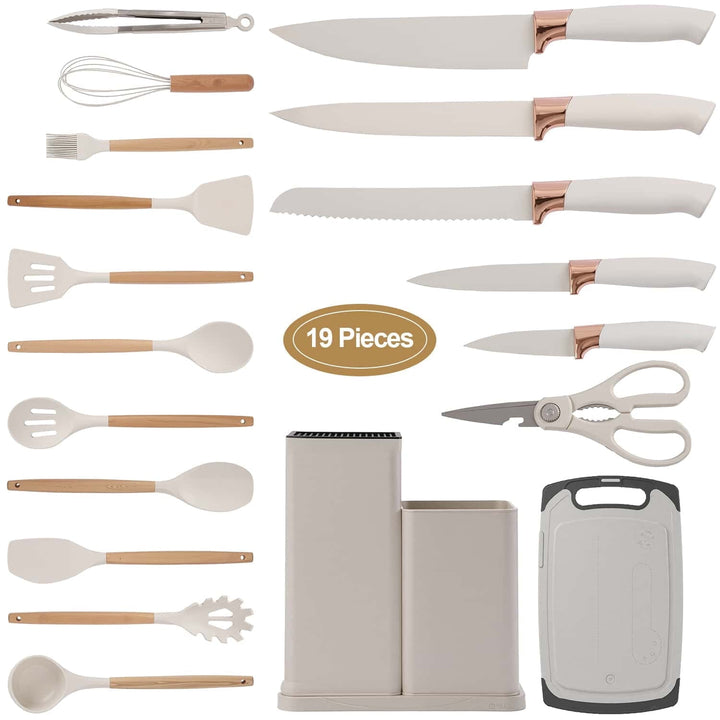 19-Piece Kitchen Utensils Set for Cooking, 11 Cooking Utensils, 6 Knife Set Beige, 3 Utensil Sets, Kitchen Utensils