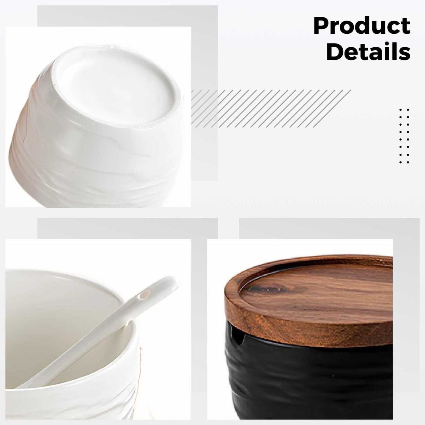 2-Piece Ceramic Salt and Pepper Containers Set, Japanese-style Spice Jar with Wooden Lid, Kitchen Spice Organizers and Storage, Dual Spoons