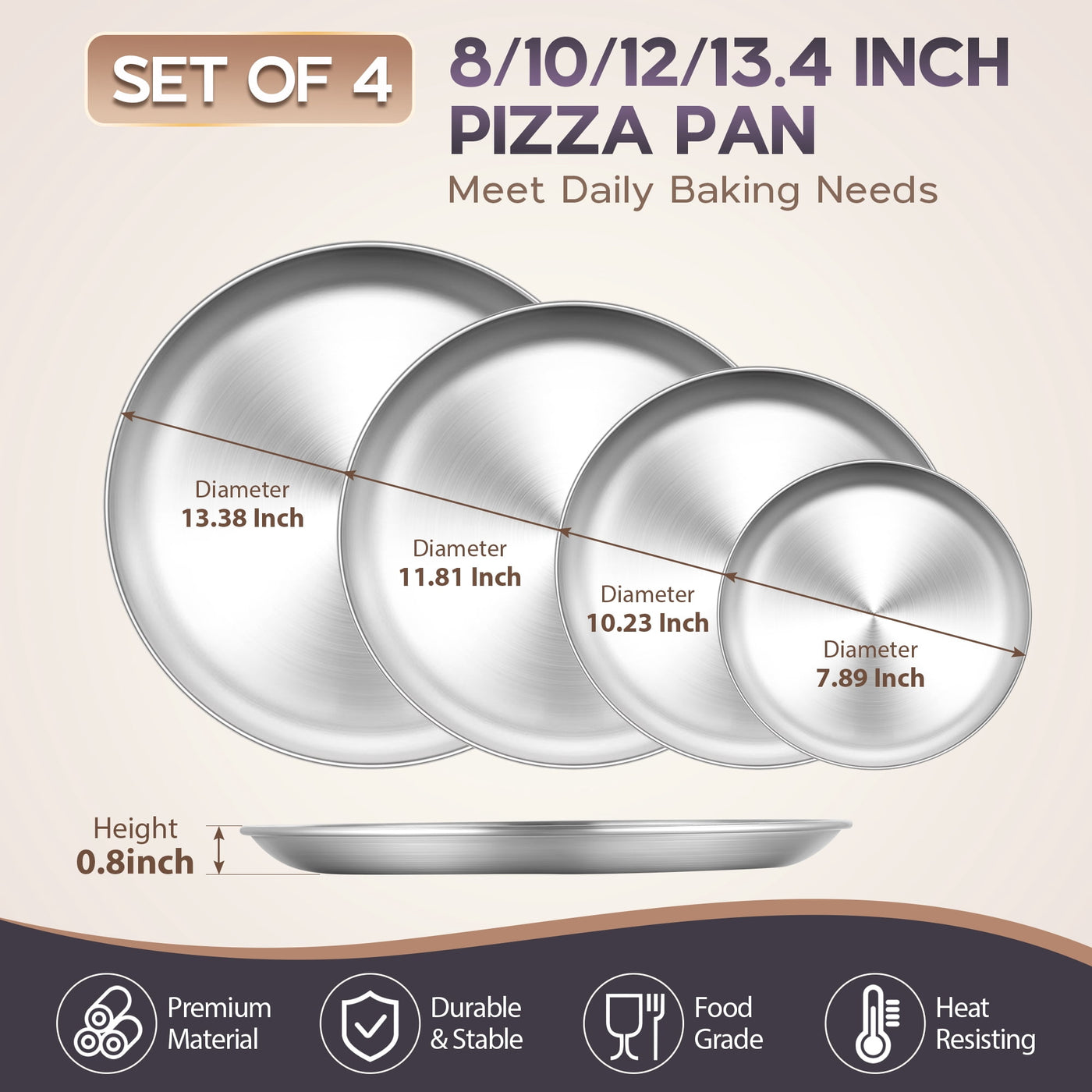 Pizza Pan Set of 4, 8/10/12/13.4 Inch Stainless Steel Pizza Pan Tray, Round Pizza Plate for Pie Cookie Pizza Cake, Pizza Trays for Oven Kitchen Baking