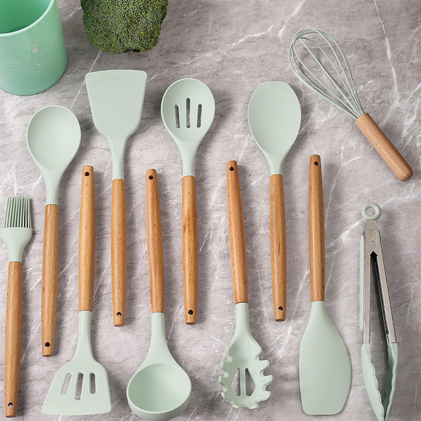 Silicone Kitchen Utensils with Holder Set (12-pack), Heat Resistant Nonstick Cooking Tools for Baking, Frying and Stirring, with Wooden Handle (aqua)