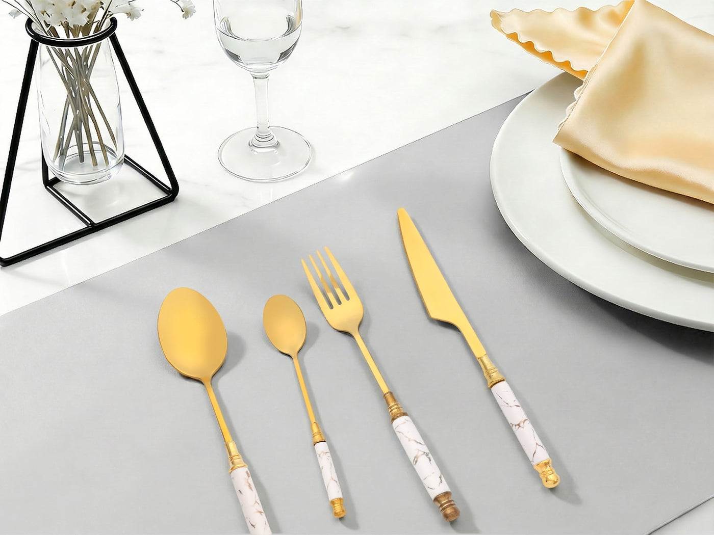 4-Piece Stainless Steel Flatware Set for 1 White, for Everyday Home Kitchen Cooking, Storage and Organization