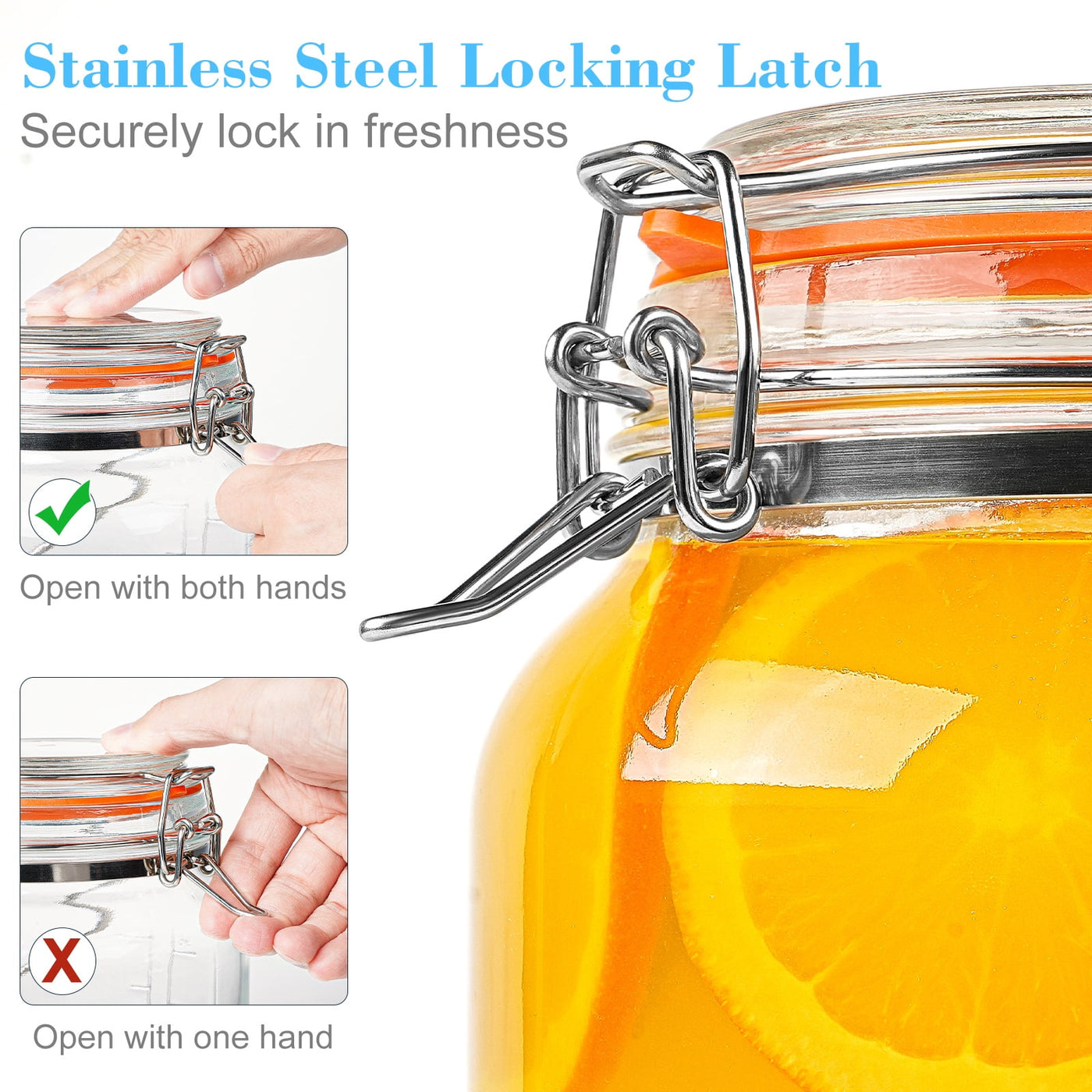 2 Packs 1 Gallon Glass Jar with Airtight Lids, Wide Mouth Mason Jars with Clip Top Lids and Stainless Steel Handle and Silicone Base