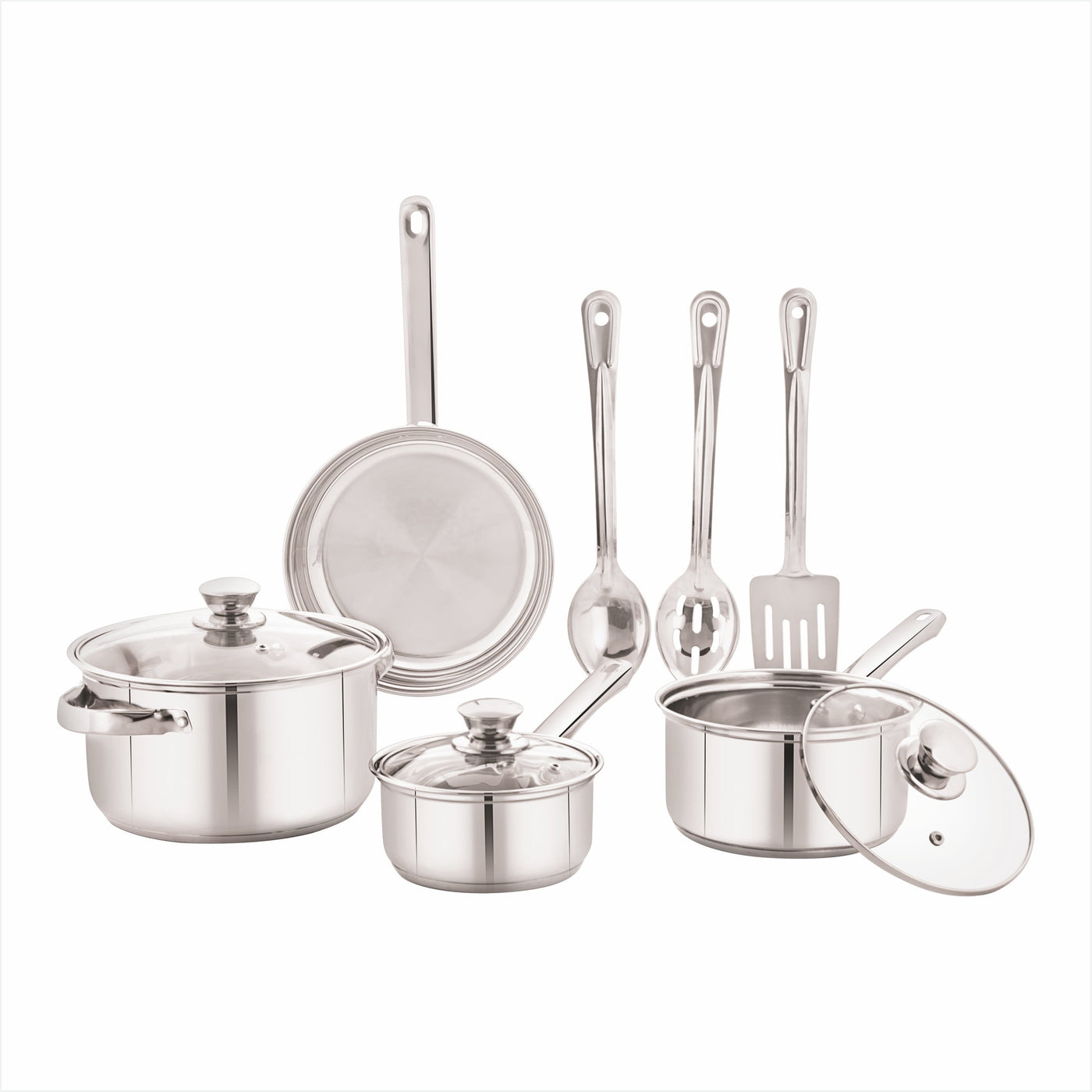 Stainless Steel 10-Piece Cookware Set with Lids and Kitchen Utensils, for Cooking, Mixing, Serving and Nonstick Cookware