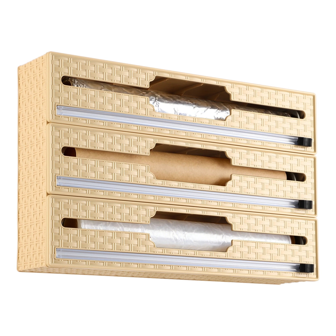 3-in-1 Plastic Wrap Organizer, Wrap Dispenser with Bi-directional Cutter for Aluminum Foil Baking Paper Wax Paper