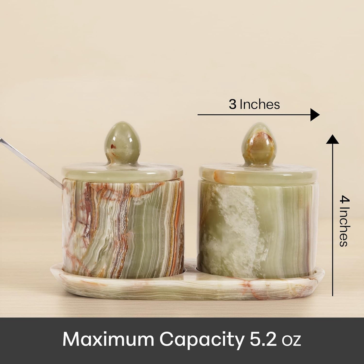 Marble Salt Cellar with Lid 4 Inch Green Handmade Set of 2 Seasoning Jars with Tray, Ideal Table Salt Container Salt Dish and Sugar Bowl for Kitchen