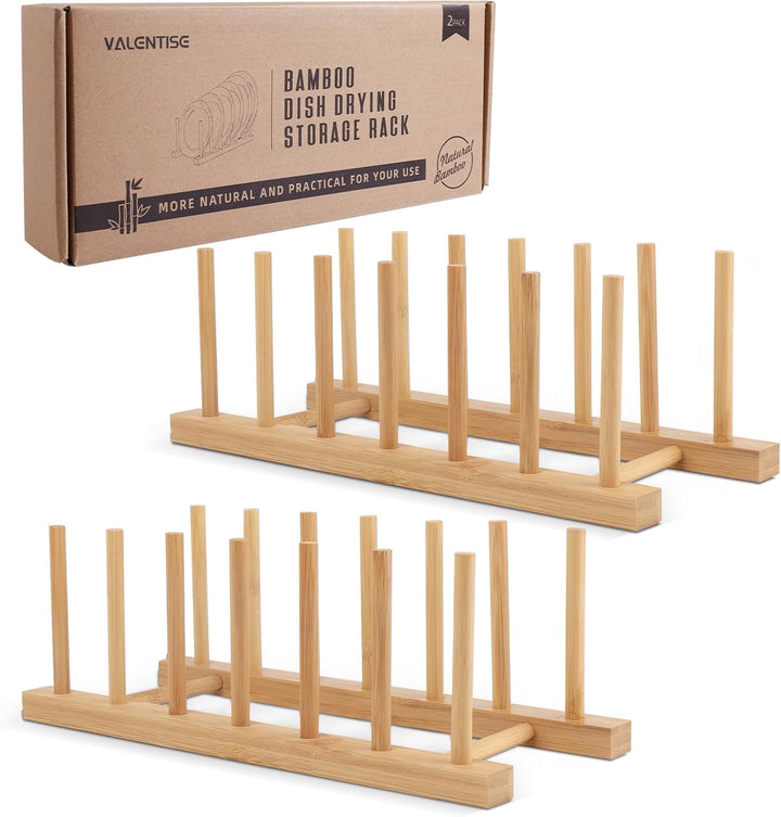 2-Pack Bamboo Dish Drying Rack, Natrual Wooden Plate Rack Holder, Kitchen Storage Organizer for Dish, Plate and Cutting Board