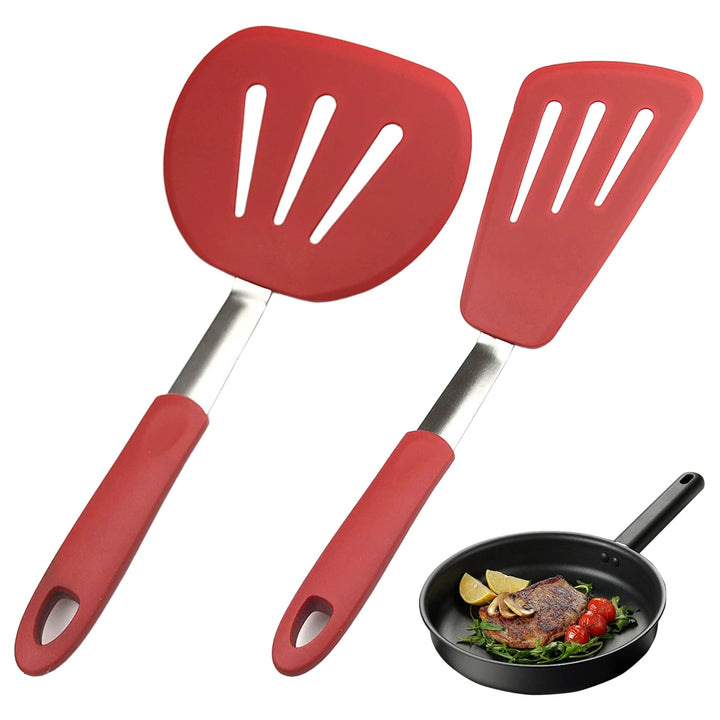 2-Pack Silicone Slotted Spatula Set for Nonstick Cookware, Heat Resistant Kitchen Turner Set for Frying, Cooking and Serving, Red