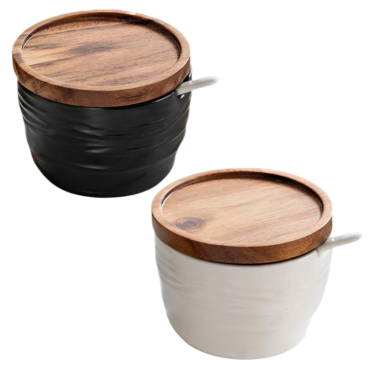2-Piece Ceramic Salt and Pepper Containers Set, Japanese-style Spice Jar with Wooden Lid, Kitchen Spice Organizers and Storage, Dual Spoons