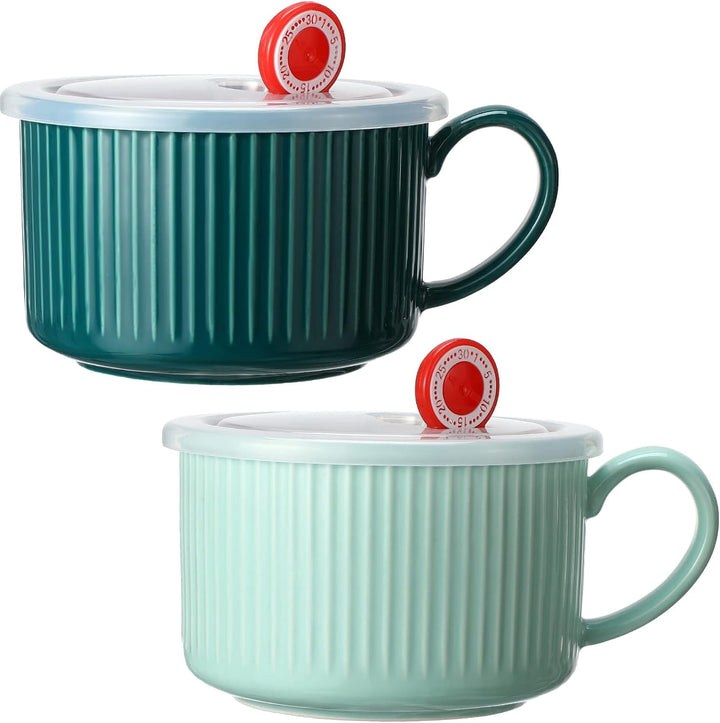 2-Piece Soup Bowls with Lids and Handles 30 Oz Microwave Safe Ceramic Soup Mug Microwavable Ramen Containers with Lids Large Colorful Cups for Noodle