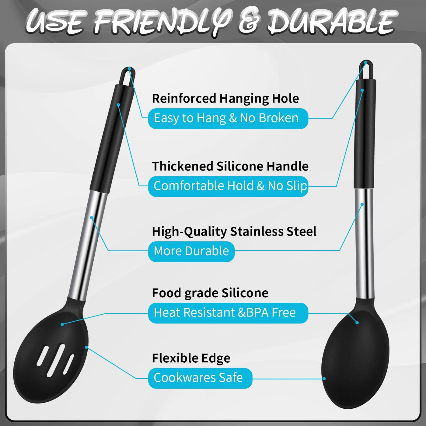4-Pack Silicone Cooking Utensils Set, Heat Resistant Nonstick Kitchen Spatula and Spoon Set, Large Soup Ladle