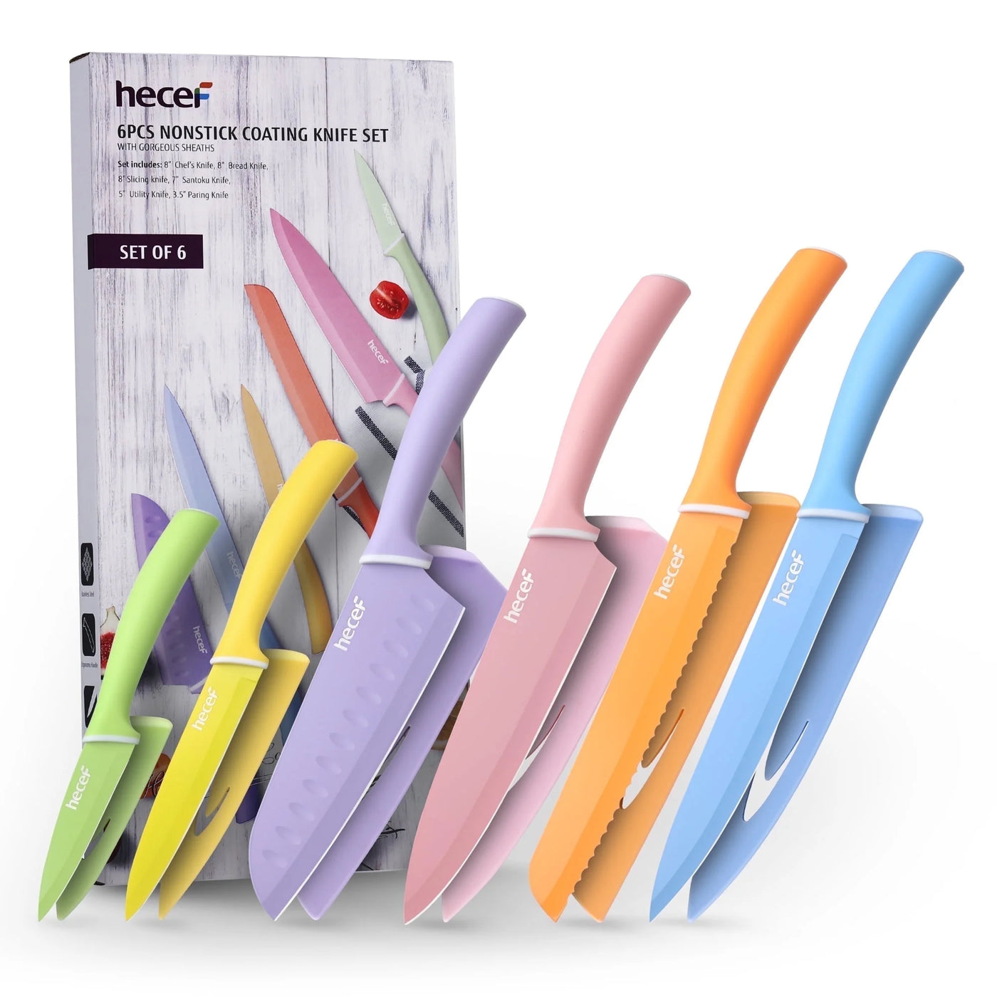 6-Piece Kitchen Knife Set, Colorful Coated Stainless Steel Sharp Cooking Knives, Dishwasher Safe, for Chopping, Slicing and Everyday Food Preparation