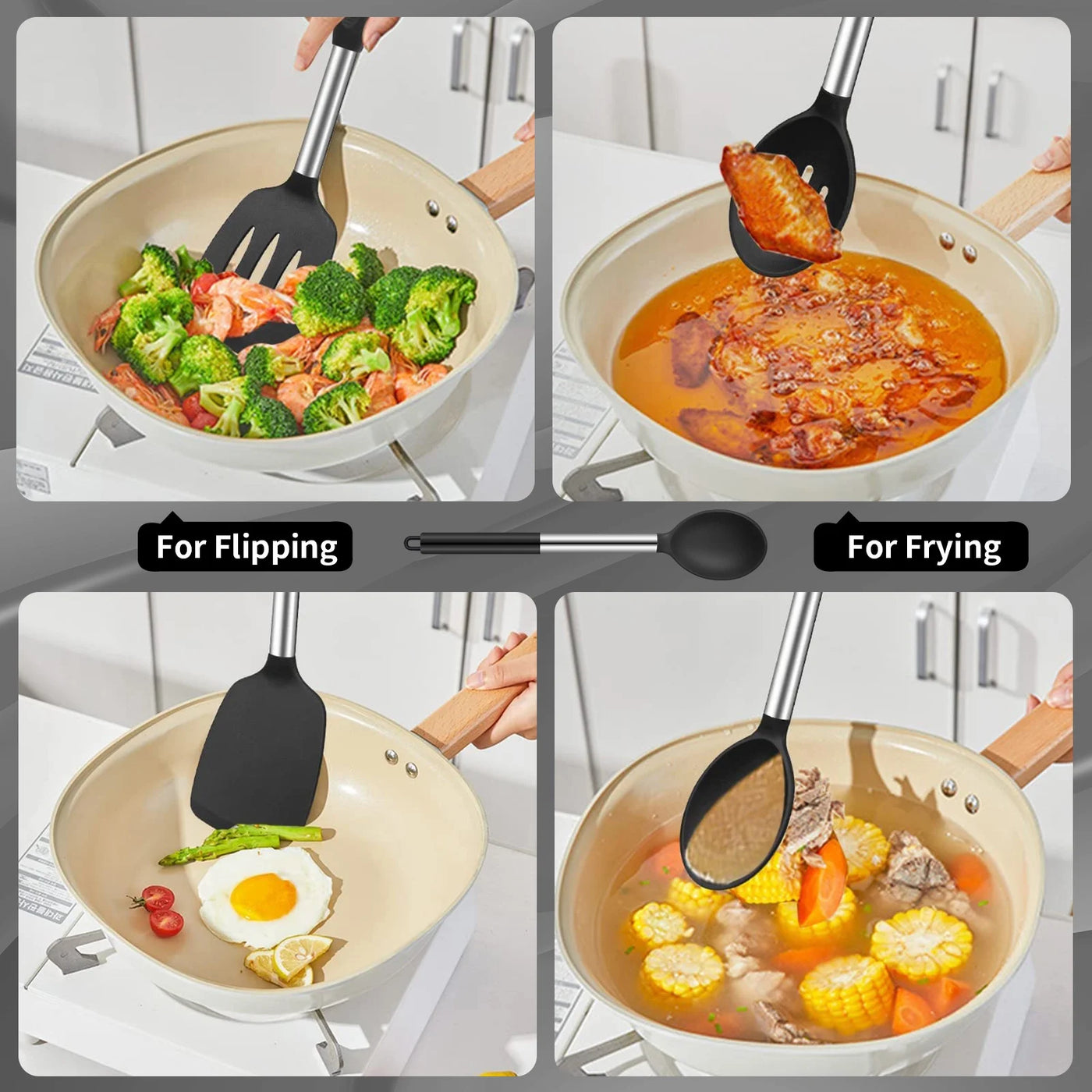 4-Pack Silicone Cooking Utensils Set, Heat Resistant Nonstick Kitchen Spatula and Spoon Set, Large Soup Ladle
