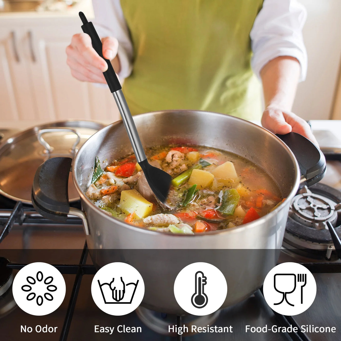 4-Pack Silicone Cooking Utensils Set, Heat Resistant Nonstick Kitchen Spatula and Spoon Set, Large Soup Ladle